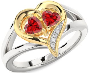 Diamond Emerald Silver & 10K gold Two Heart Birthstone Ring