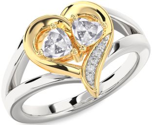 Salt & Pepper Diamond Gold Silver Two Heart Ring