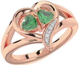 Diamond Emerald Rose Gold Two Heart Birthstone Ring