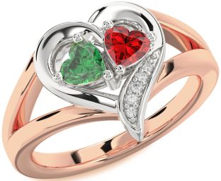 Diamond Emerald White Rose Gold Two Heart Birthstone Ring