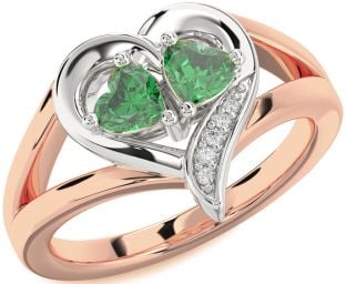 Diamond Emerald White Rose Gold Two Heart Birthstone Ring