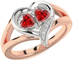 Diamond Emerald White Rose Gold Two Heart Birthstone Ring