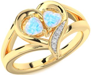 Diamond Moonstone Gold Silver Two Heart Ring