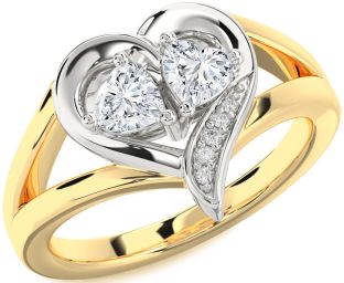 Diamond White Yellow Gold Two Heart Ring