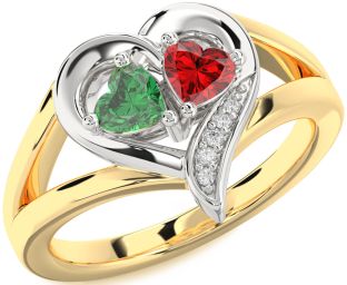 Diamond Emerald Platinum & Yellow Gold Two Heart Birthstone Ring