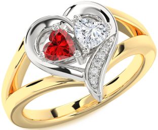 Diamond Emerald Gold Silver Two Heart Birthstone Ring