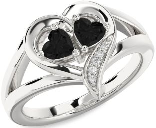 Black Diamond Silver Two Heart Ring