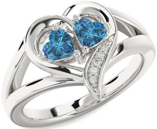 Blue Diamond Silver Two Heart Ring