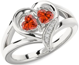 Diamond Emerald Silver Two Heart Birthstone Ring