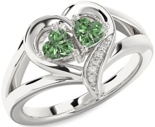 Green Diamond Silver Two Heart Ring