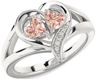 Diamond Morganite Silver Two Heart Ring