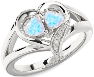 Diamond Emerald Silver Two Heart Birthstone Ring