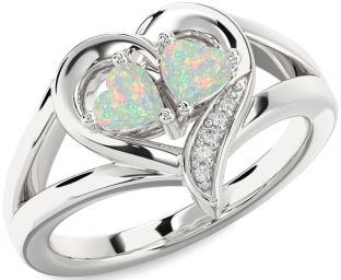 Diamond Emerald Silver Two Heart Birthstone Ring