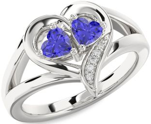Diamond Tanzanite Silver Two Heart Ring