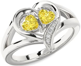 Yellow Diamond Silver Two Heart Ring
