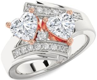 Diamond Silver & 10K Rose Gold Two Heart Ring