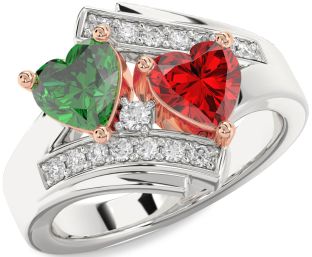 Diamond Emerald Silver & 10K Rose Gold Two Heart Birthstone Ring