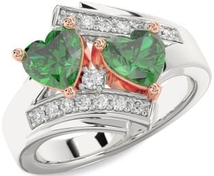 Diamond Emerald White Rose Gold Two Heart Birthstone Ring