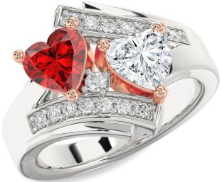 Diamond Emerald Silver & 10K Rose Gold Two Heart Birthstone Ring