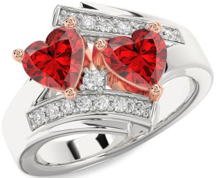 Diamond Emerald Silver & 10K Rose Gold Two Heart Birthstone Ring