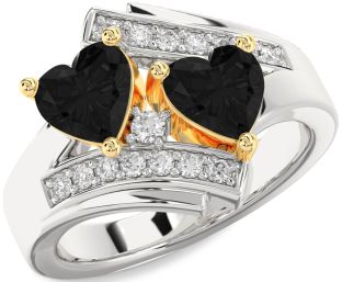Black Diamond Gold Silver Two Heart Ring