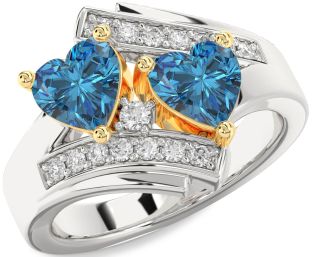 Blue Diamond Gold Silver Two Heart Ring