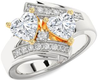 Diamond White Yellow Gold Two Heart Ring