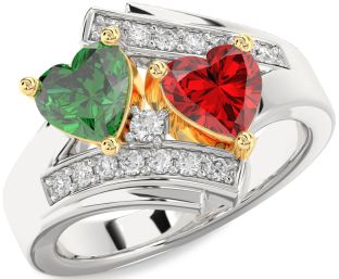 Diamond Emerald Silver & 10K gold Two Heart Birthstone Ring