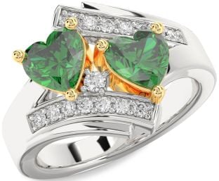 Diamond Emerald Silver & 10K gold Two Heart Birthstone Ring