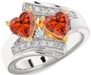 Diamond Fire Opal Gold Silver Two Heart Ring