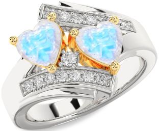 Diamond Moonstone Gold Silver Two Heart Ring
