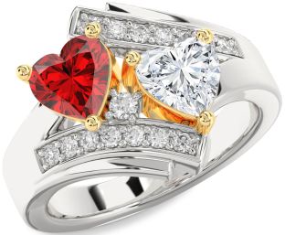 Diamond Emerald Silver & 10K gold Two Heart Birthstone Ring