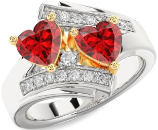 Diamond Emerald Silver & 10K gold Two Heart Birthstone Ring