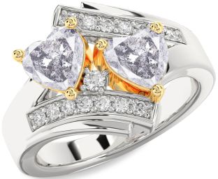 Salt & Pepper Diamond Gold Silver Two Heart Ring
