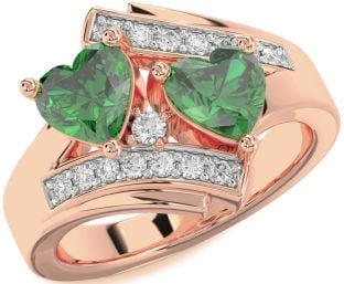 Diamond Emerald Rose Gold Two Heart Birthstone Ring