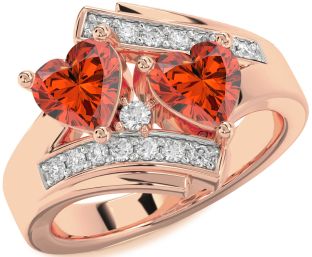 Diamond Fire Opal Rose Gold Silver Two Heart Ring