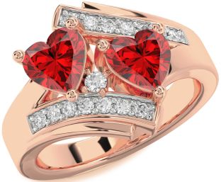 Diamond Emerald Rose Gold Two Heart Birthstone Ring