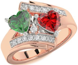Diamond Emerald White Rose Gold Two Heart Birthstone Ring
