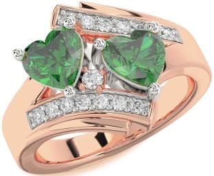 Diamond Emerald White Rose Gold Two Heart Birthstone Ring