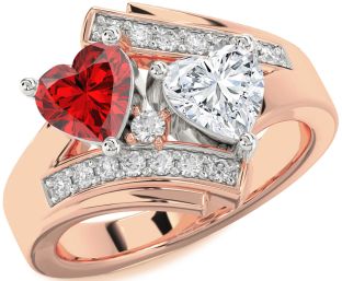 Diamond Emerald White Rose Gold Two Heart Birthstone Ring