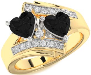 Black Diamond Gold Silver Two Heart Ring
