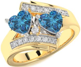 Blue Diamond Gold Silver Two Heart Ring