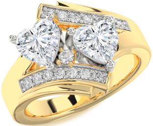 Diamond White Yellow Gold Two Heart Ring