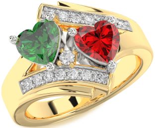 Diamond Emerald Platinum & Yellow Gold Two Heart Birthstone Ring