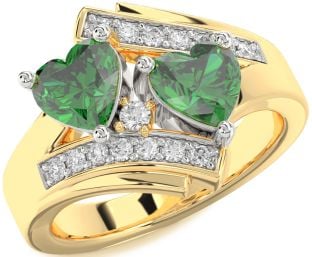 Diamond Emerald White Yellow Gold Two Heart Birthstone Ring