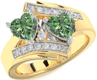 Green Diamond Gold Silver Two Heart Ring