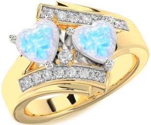 Diamond Moonstone Gold Silver Two Heart Ring