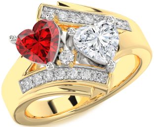 Diamond Emerald Platinum & Yellow Gold Two Heart Birthstone Ring