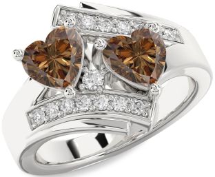 Chocolate Brown Diamond Silver Two Heart Ring