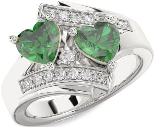 Diamond Emerald Silver Two Heart Birthstone Ring